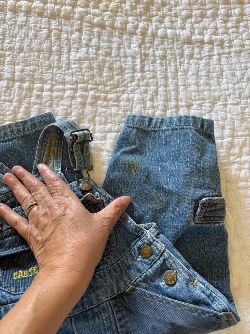 Vintage Boys Carter's Watch the Wear Denim Overalls with Yellow Accent 12mo.